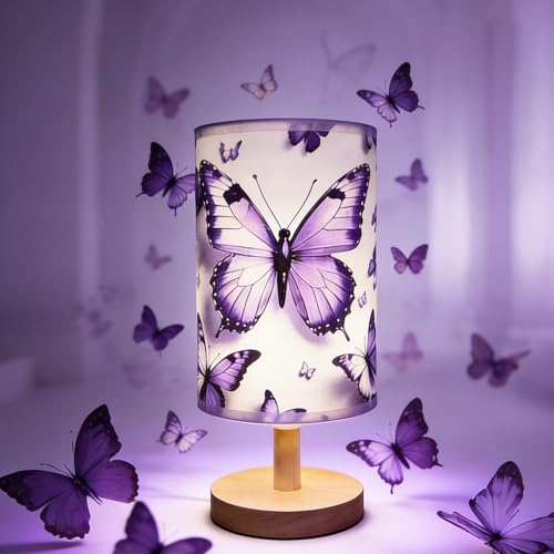 Butterfly Lamp Purple Desk for Kids Lamp,3 Colors Nightstand Light Lamp, Round Wood Base Flaxen Fabric Desk Lamp, Butterfly Light Gift for Gir (LED Bulb Included) (Butterfly)