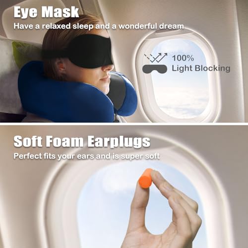 Travel Pillow, Memory Foam Neck Pillow for Traveling, U Shape Neck Pillow Airplane Portable Flight Pillow Travel Kit with 5D Contoured Eye Masks and Earplug for Plane Train Car Home Office - Blue - view 2