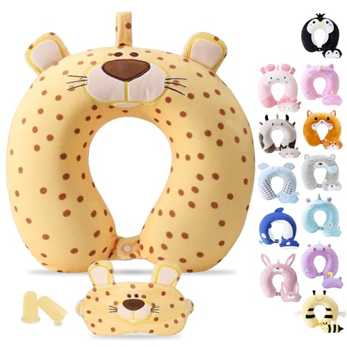 Travel Pillow for Kids Adult Cute Neck Pillow for Traveling Memory Foam Airplane Pillow Sleep Mask Animal Flight Pillow Head Rest Neck Support for Cars Long Flights (Yellow Leopard, 9-12 Y/O)