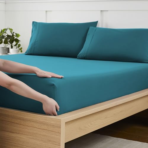 King Size Fitted Sheet Only with Full Elastic & Built in Corner Sheet Straps to Prevent Shifting - Soft & Breathable Brushed Microfiber Bottom Sheet, King, Teal
