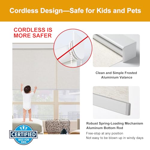 Free-Stop Cordless 100% Blackout Roller Shades for Indoor Windows, Natural Woven Fabric UV Protection Privacy Thermal Insulated Roller Window Shades for Home, Bedroom, Cream 34.5" W x 72" H - view 4