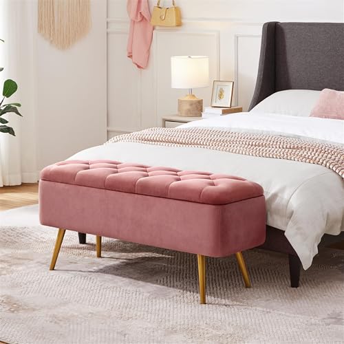 Storage Ottoman Bench for Bedroom, Velvet End of Bed Bench, Pink - view 2