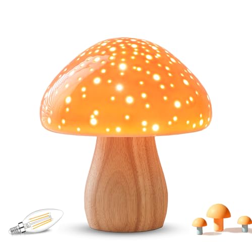 Mushroom Lamp Ceramic Bedside Table Lamp for Bedroom Orange
