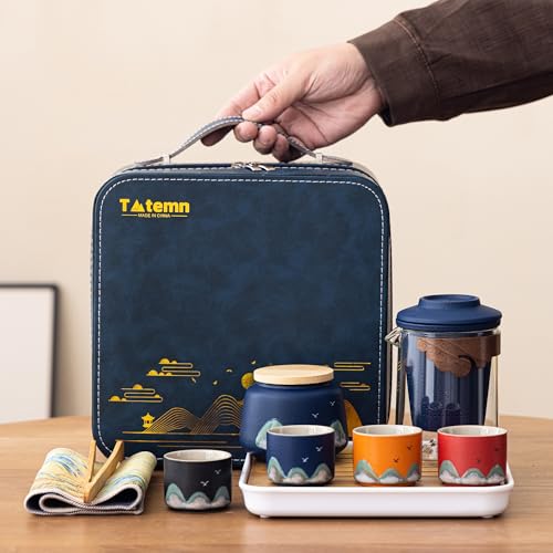 Portable Gongfu Tea Set with Travel Case, Ceramic Tea Set with Glass Teapot Infuser, Bamboo Tea Tray and 4 Ceramic Teacups, All-in-One Travel Tea Kit for Home Office Outdoor Picnic Camping - view 2