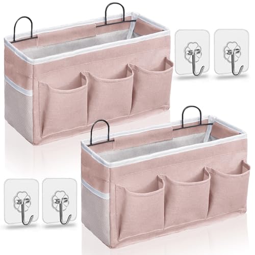 2pcs Light-Style Wall Hanging Storage Bag, Linen Fabric Door Hanging Organizer Baskets with Pockets, Waterproof Bin for Bedroom, Kitchen, Office, RV Camper (Pink-2pcs)