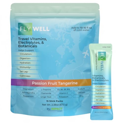 Travel Vitamin Tonic for Flight, Jet Lag, Hydration, Circulation, Digestion & Immune Support, Promotes Calmness, Electrolyte Powder, Travel Essentials, Passion Fruit Tangerine, 15 Sticks