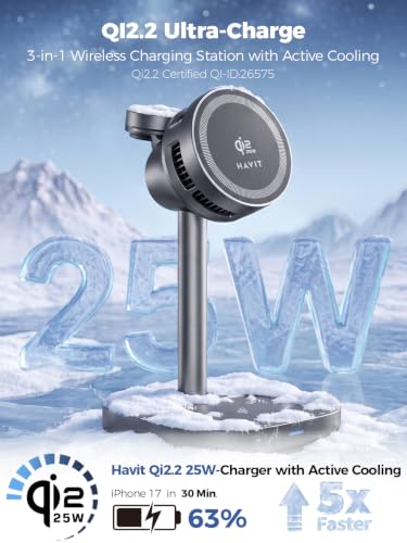 3 in 1 Wireless Charger, Qi2.2 Certified 25W Magnetic Charging Station with Active Cooling for iPhone 17/16/15/14/13/12, Apple Watch & AirPods, 45W Adapter Included, Black - view 2