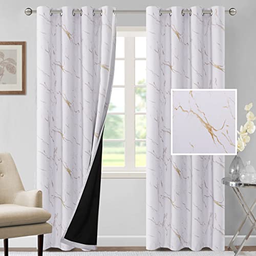 100% Blackout Curtains 84 inch Length 2 Panels Set Marble Designs Printed Drapes Thermal Curtains for Bedroom with Black Liner Sound Proof Curtains, Gold - view 2