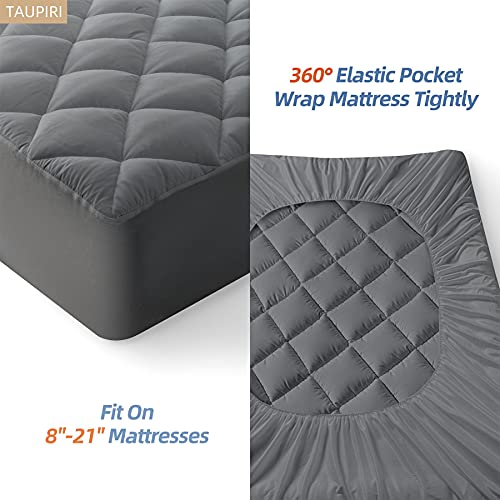 King Quilted Mattress Pad Cover with Deep Pocket (8"-21"), Gray - view 4