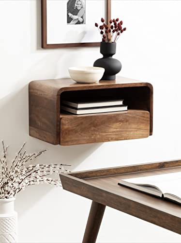 Kato Modern Wood Floating Side Table with Drawer, 18 x 10 x 9, Walnut Brown, Contemporary Wooden Floating Nightstand for Bedroom Bedside Table - view 2