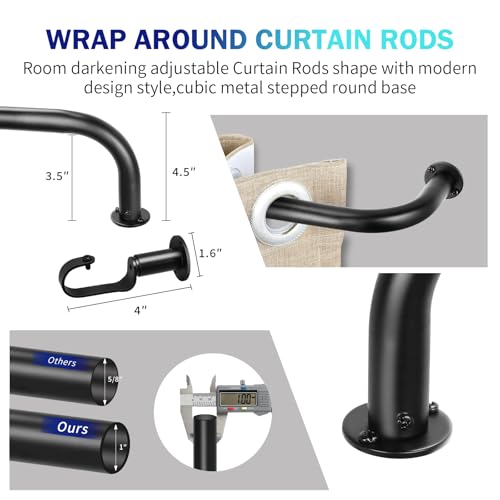 Energy Saving Wrap Around Black Out Return Adjustable Window Curtain Metal Rod Set, 1-inch Diameter, 48" to 84", Matte Black - view 3