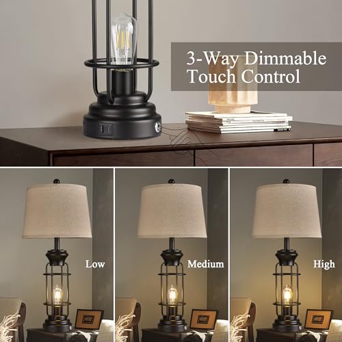 Table Lamp Set of 2 with USB Ports, 28" Tall Farmhouse Table Lamp with 2 Nightlight Bulbs,Touch Control Table Lamps for Bedroom, Rustic Bedside Lamp for End Tables,Bulbs Included,Black - view 5