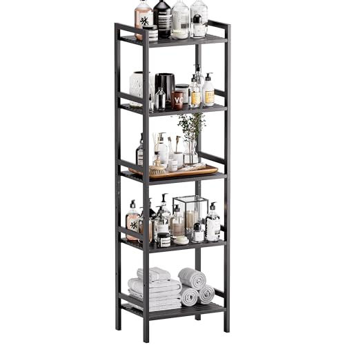 5 Tier Narrow Bookshelf, Bamboo Bookcase, Slim Tall Storage Rack Free Standing Shelving Unit with Adjustable Shelves for Living Room Bedroom Bathroom, Black