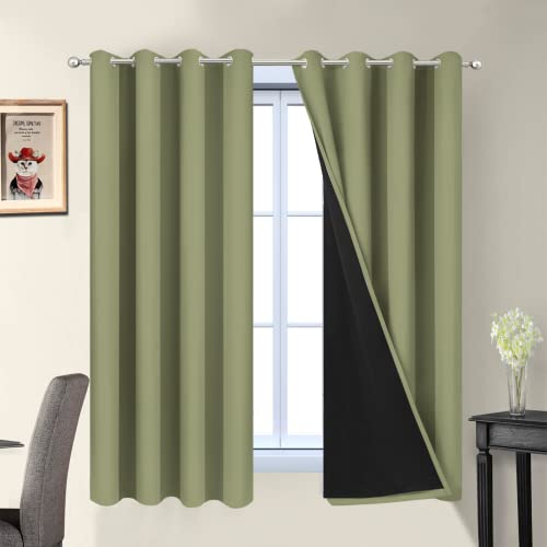 100% Blackout Window Curtain Panels, Heat and Full Light Blocking Drapes with Black Liner for Nursery,Thermal Insulated Draperies (Sage, 2 Pieces, 52Wx63L)