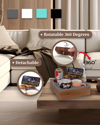 Couch Cup Holder Tray, Handy Soft Silicone Acacia Wooden Couch Caddy for Bed Car Seat Beach Organizer, Waterproof Anti-Spill Sofa Cup Holder for Snacks Beverage Remote (White) - view 2
