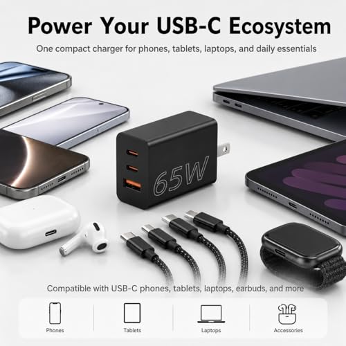 3 Port 65W USB C Fast Charger Block with Type C Cable,Multi Device Charging - view 7