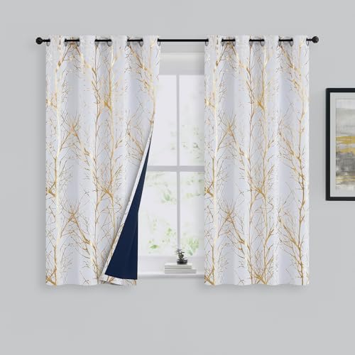 100% Blackout Ivory Gold Foil Tree Curtains 45 Inch Long 2 Panels - view 2
