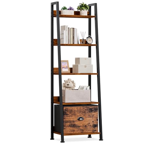 Ladder Shelf, 5 Tier Bookshelf with Fabric Drawer, Rustic Brown