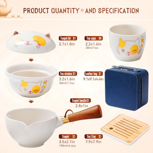 Chinese Tea Set Gongfu Tea set, Portable Teapot Set with 360 Rotation Tea maker and Infuser,Kung Fu Tea Set Portable All in One Leather Bag for Travel,Outdoor, Office,Home,Gifting (4cups-cat) - view 4