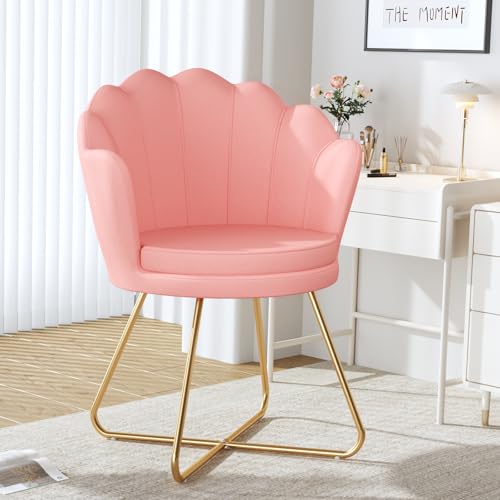 Pink Vanity Chairs, Velvet Makeup Chair for Bedroom, Home Office Desk Chair with Gold Plating Legs, Cute Accent Chair for Makeup Room, Bedroom, Living Room, Guest Reception (Velvet Pink) - view 3
