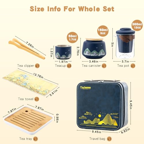 Portable Gongfu Tea Set with Travel Case, Ceramic Tea Set with Glass Teapot Infuser, Bamboo Tea Tray and 4 Ceramic Teacups, All-in-One Travel Tea Kit for Home Office Outdoor Picnic Camping - view 3