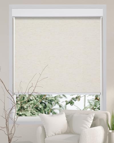 Free-Stop Cordless 100% Blackout Roller Shades for Indoor Windows, Natural Woven Fabric UV Protection Privacy Thermal Insulated Roller Window Shades for Home, Bedroom, Cream 34.5" W x 72" H - view 2