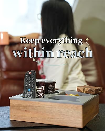 Couch Cup Holder Tray, Handy Soft Silicone Acacia Wooden Couch Caddy for Bed Car Seat Beach Organizer, Waterproof Anti-Spill Sofa Cup Holder for Snacks Beverage Remote (White) - view 6