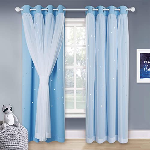 Kids Boys Blackout Curtains, Double-Deck Sheer Panel & Star Drapes for Living Room, Window Treatments with Tie Backs (Blue, 1 Pair, W52 x L95) - view 2