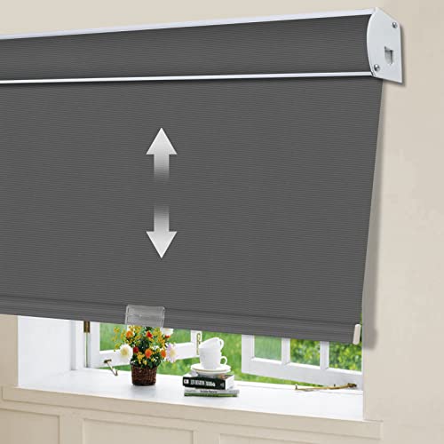 Blackout Cordless Window Roller Shades, Dark Grey Custom Free Stop Window Blinds with Spring Lifting System for Home, Windows, Doors, French Door