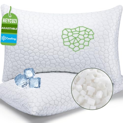 Pillows Queen Size Set of 2 - Cooling Shredded Memory Foam Pillow for Sleeping 2 Pack, Adjustable Cool Bed Pillows for Side, Back, and Stomach Sleepers, Gel Pillow Washable Removable Cover