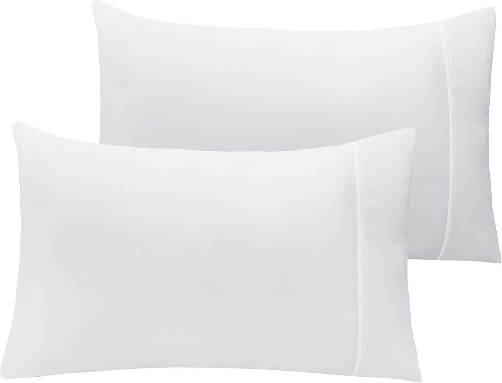 Pillow cases 2 pack - eco friendly wrinkle free cooling pillow cases with satin trim - machine washable hotel bedding silky soft - White Standard/Queen
