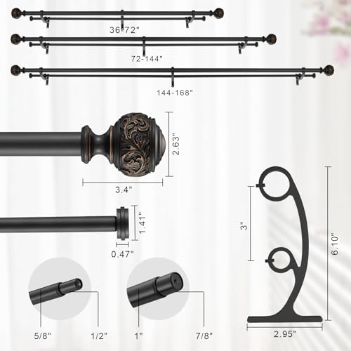 Double Curtain Rod, 1 inch Window Telescoping Drapery Double Rod 144 to 164 Inches (12-13.6 Feet), Classical Ball Finials,Premium Aluminum Brackets,Matte Black - view 5