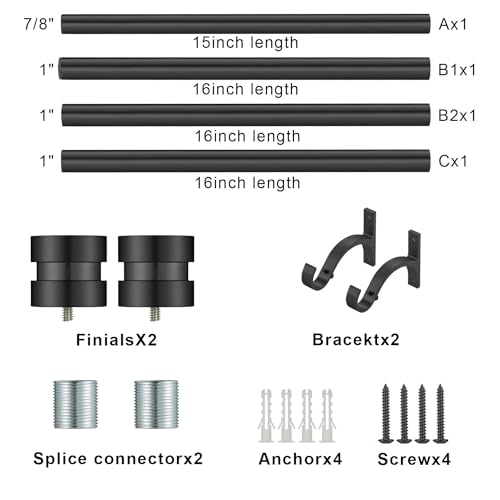 16-56 inch Long Adjustable Matte Black Curtain Rods,1 inch Diameter Splicing Heavy Duty Rod Set with Aluminum Finals for Windows, Door, Drapery - view 6
