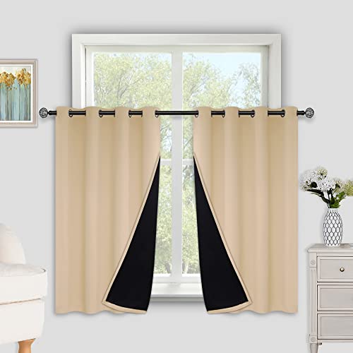 Thermal Insulated Curtains 100% Blackout Curtains for Bedroom 45 Double Layer Grommet Curtains with Black Liner Thermal Insulation Drape Full Room Darkening Beige 52”W x 45”L 2 Panels - view 5