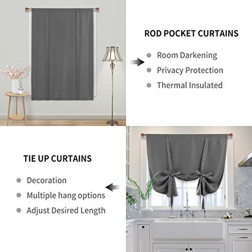 Blackout Curtains-Tie Up Shade for Window Thermal Insulated Room Darkening Rod Pocket Curtains for Kitchen, Dark Grey, W42 X L63 Inches, 1 Panel - view 3