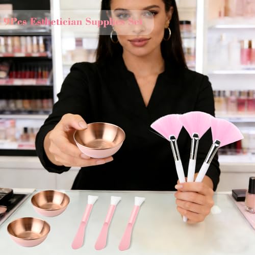 9Pcs Esthetician Supplies kit - 3 Mask Mixing Bowls, 3 Fan Esthetician Brushes & 3 Mask Brushes for Sleepover & Spa Night Celebrations (Rose Gold) - view 2