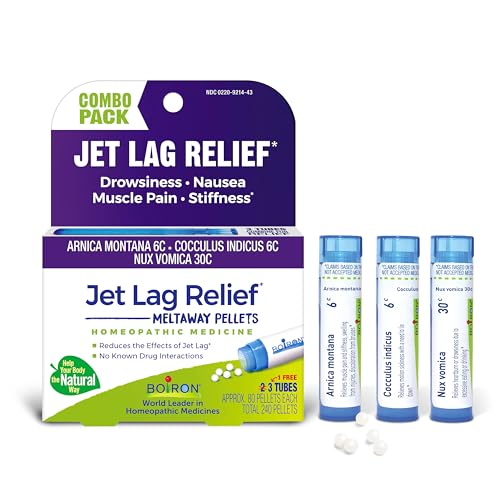 Jet Lag Relief Kit - Travel Essential for Relief from Nausea, Stiffness, Muscle Pain, and Drowsiness from Long Flights - 3 Count (240 Pellets)
