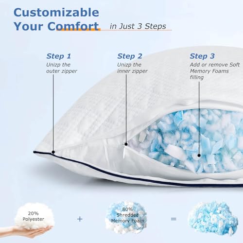 Cooling Bed Pillows Standard Size Set of 2 for Sleeping, Adjustable Shredded Memory Foam Pillows for Side Back Stomach Sleepers - Luxury Gel Pillows hotel pillows with Washable Removable Cover - view 4