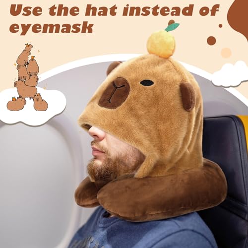 Capybara U-Shaped Travel Pillow with Hood,Neck Headrest Plush Pillow,Hooded Sleeping Supplies Neck Chin Support Stuffed Animal Pillow for Airplane Train Car Office - view 4