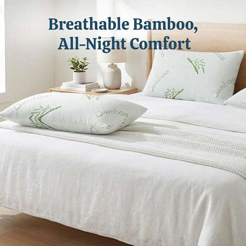 2 Pack Standard Size Rayon Derived from Bamboo Pillow for Sleeping Shredded Memory Foam Bed Pillows for Side, Back and Stomach Sleepers, Soft, Cooling, Adjustable and Washable Cover 20" x 26" - view 6