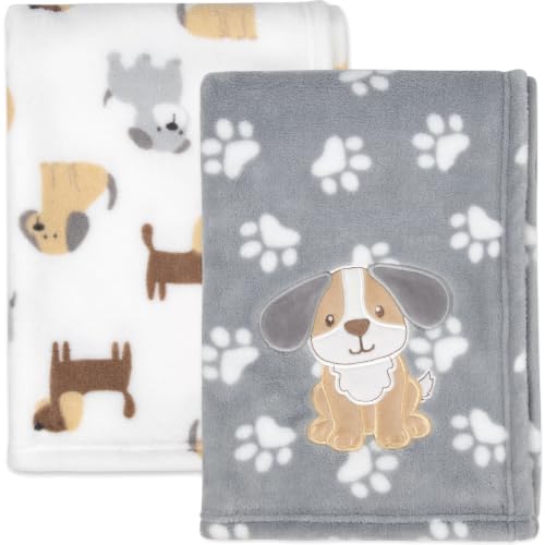 2 Pack Embroidered Playful Soft Plush Fleece Throw Blankets for Newborns, Infants, Toddlers for Sleep, Cuddling, Swaddling (Puppies, 40”x 30" W)