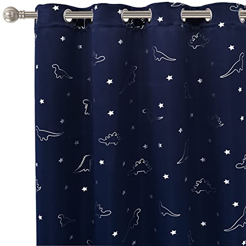 Dinosaur and Star Foil Print Blackout Curtains for Kids Room