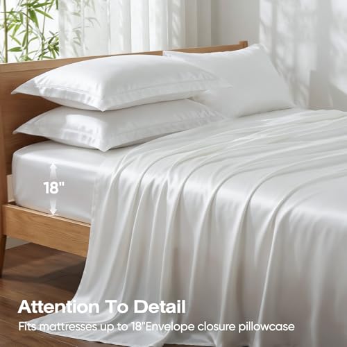 100% Real Bamboo Viscose & Lyocell Tencel Sheets Set King Size | Breathable & Cooling for Hot Sleeper | Luxury Silky Soft Fabric | 18" Deep Pocket with Corner Straps (White, King) - view 4