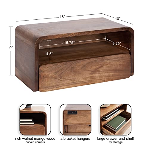 Kato Modern Wood Floating Side Table with Drawer, 18 x 10 x 9, Walnut Brown, Contemporary Wooden Floating Nightstand for Bedroom Bedside Table - view 3
