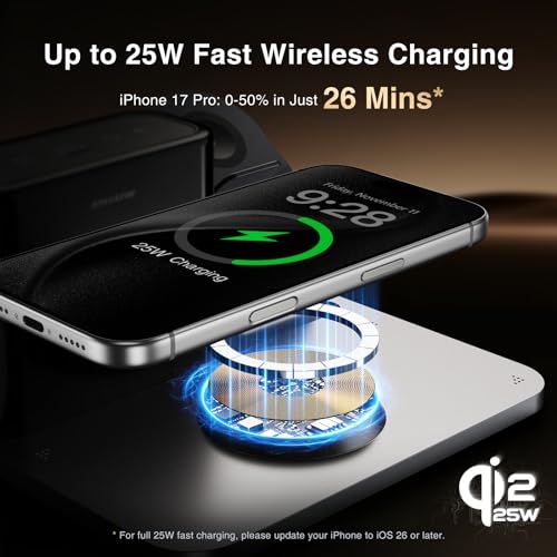 GlowDock 5-in-1 Wireless Charging Station with Alarm Clock,Qi2.2 25W Magnetic Charger Stand, Aluminum Silent Cooling,8 Nightlight,for iPhone 18 17 16 15 Pro Max Duo Air Plus,Apple Watch,AirPods - view 2