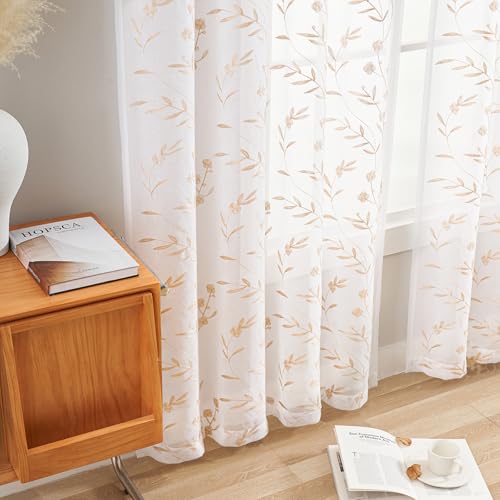 Sheer Curtains with Desin White-Beige Floral Embroidery 84 Inch Long Rod Pocket Lace Drapes for Living room, Bedroom, 2 Panels, 52"x84", Semi Voile Outdoor Window Treatment Sets for Yard, Patio. - view 4