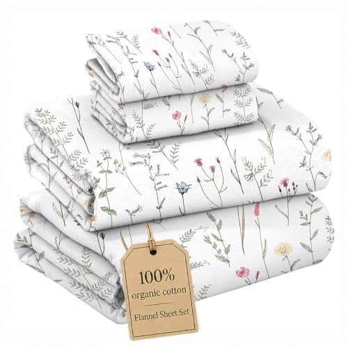 100% Organic Cotton Flannel Sheets King Size Bed Set, Linen Blooms