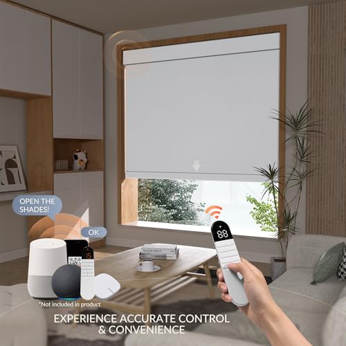 Motorized Roller Blinds with Remote, No Drill Smart Roller Shades for Indoor Windows, Blackout Linen Fabric Rechargeable Electric Blinds for Home, Office, Linen White, Custom Size - view 2