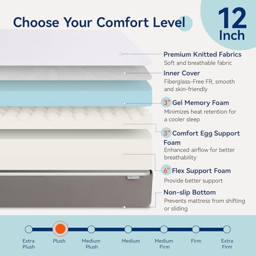 Memory Foam Mattress, Soft Plush Feel, Breathable, 12 Inch, Queen, White/Grey - view 4