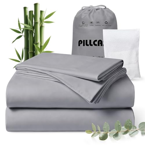 Luxury Organic Tencel & Viscose from Bamboo Cooling Sheet Set,Silky Soft Lyocell Sheets with Deep Pocket, Hypoallergenic & Breathable Bedding with Pillowcases (01-Gray, King